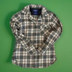 Pendelton Flannel Wool Gorpcore  USA 100% Pure Virgin Plaid‎ Sz P Green Gray